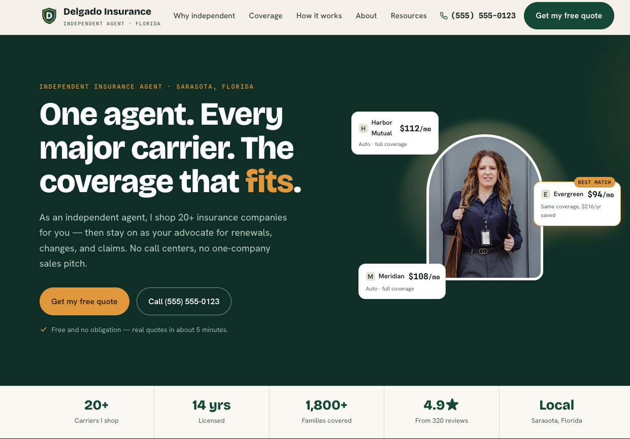 Delgado Insurance — sample insurance agent website built by Marquee Studio